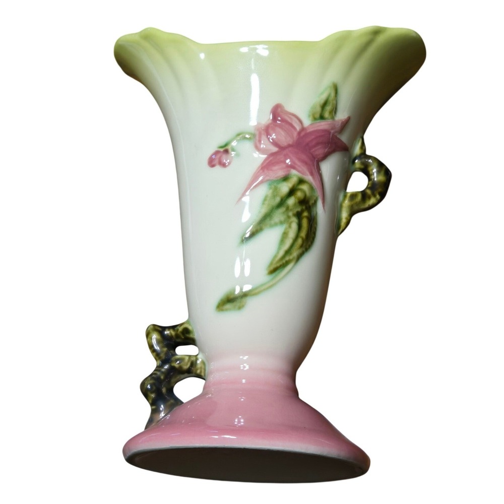 Vintage Hull Pottery Woodland W14-8 1/2 Floral Vase Pink Yellow Double HandleUSA